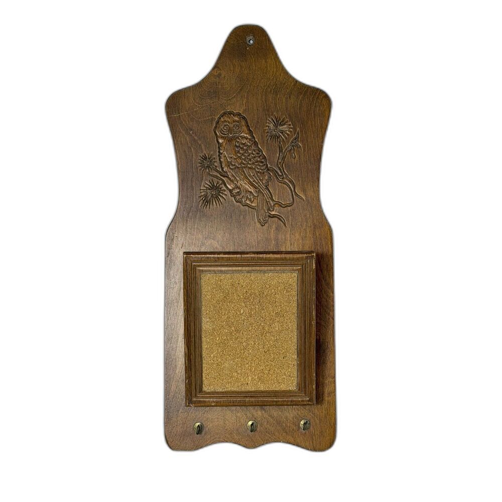 Vtg Kitschy 1970s Carved Owl Wood Cork Memo Board Mail Caddy Key Hook Kitchen